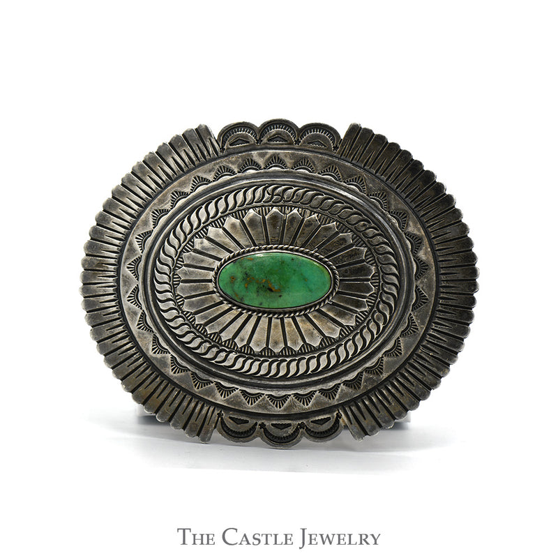 Gary Reeves Designer Belt Buckle With Oval Shaped Green Turquoise in Sterling Silver