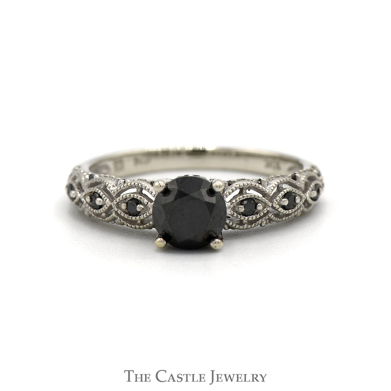 1cttw Black Diamond Engagement Ring with Diamond Accented Sides in 10k White Gold