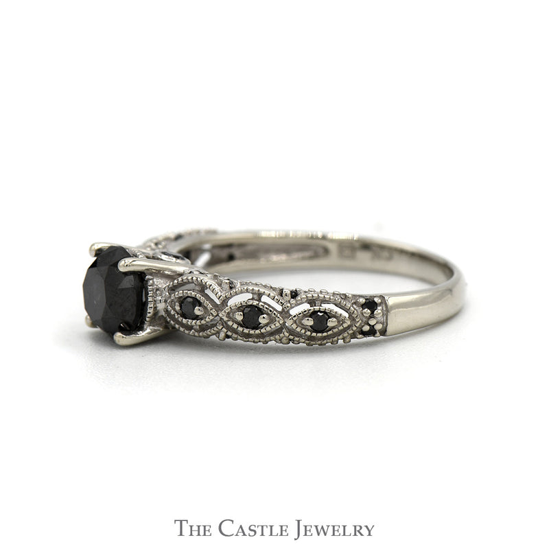 1cttw Black Diamond Engagement Ring with Diamond Accented Sides in 10k White Gold