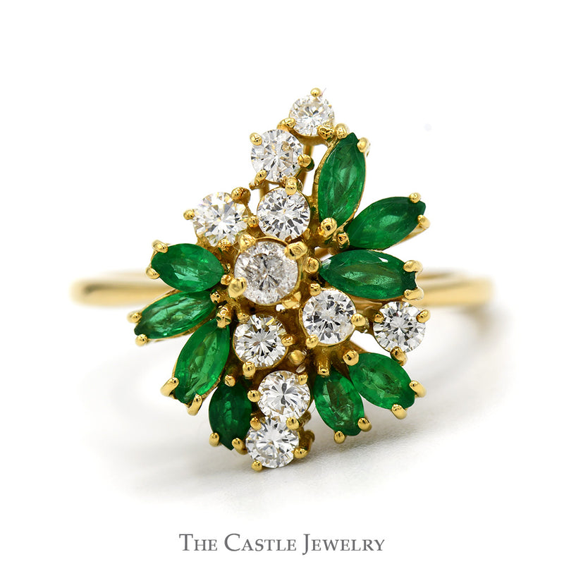 Marquise Cut Emerald & Round Diamond Cluster Ring in 18k Yellow Gold