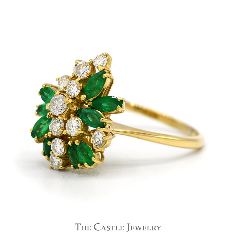 Marquise Cut Emerald & Round Diamond Cluster Ring in 18k Yellow Gold