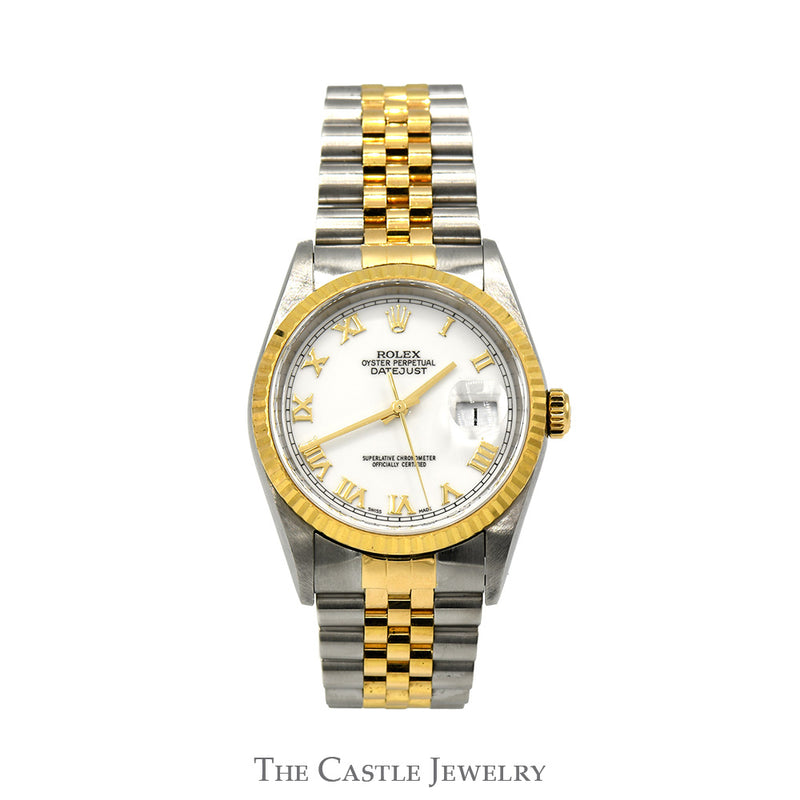 Rolex Datejust 16233 36mm with White Roman Numeral Dial & Two Tone Jubilee Bracelet in 18k & Stainless Steel