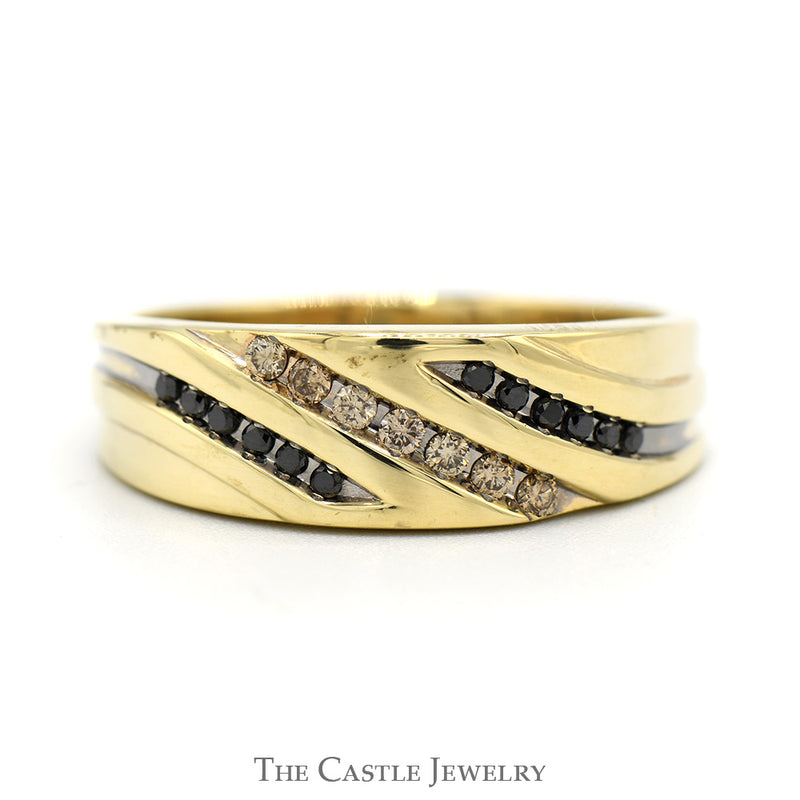 Diagonal Nick Set 1/3cttw Black & Champagne Diamond Men's Ring in 10k Yellow Gold