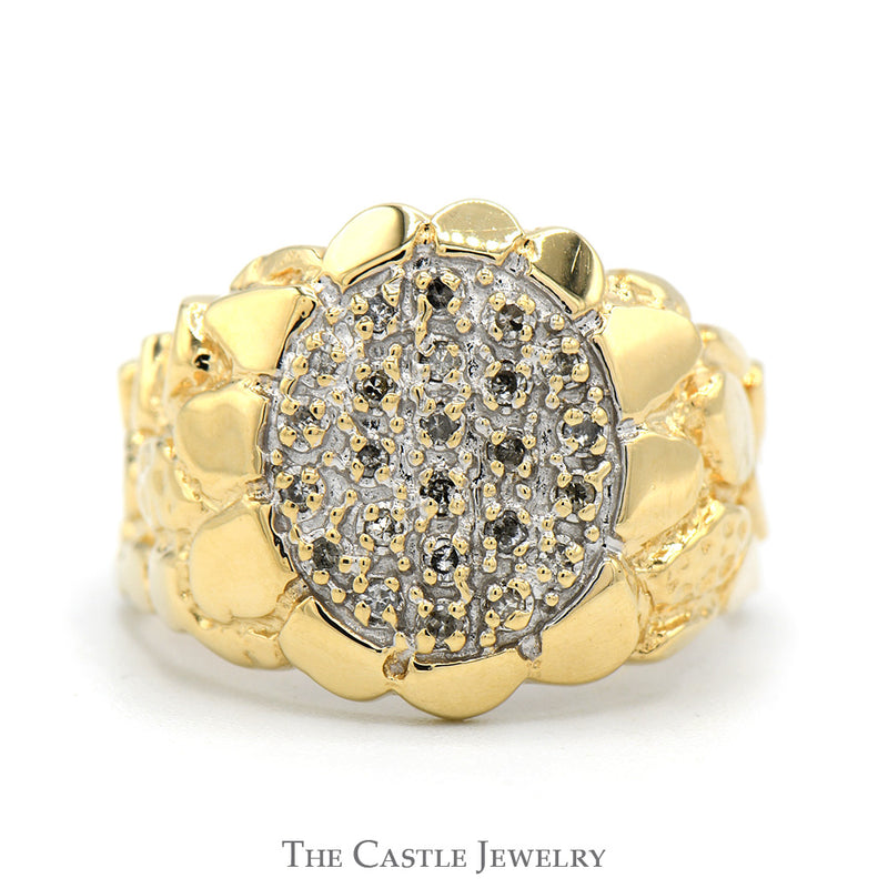 Oval Shaped Diamond Cluster Ring with Nugget Textured Sides in 10k Yellow Gold