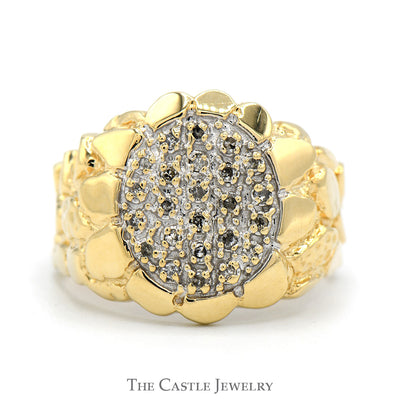 Oval Shaped Diamond Cluster Ring with Nugget Textured Sides in 10k Yellow Gold
