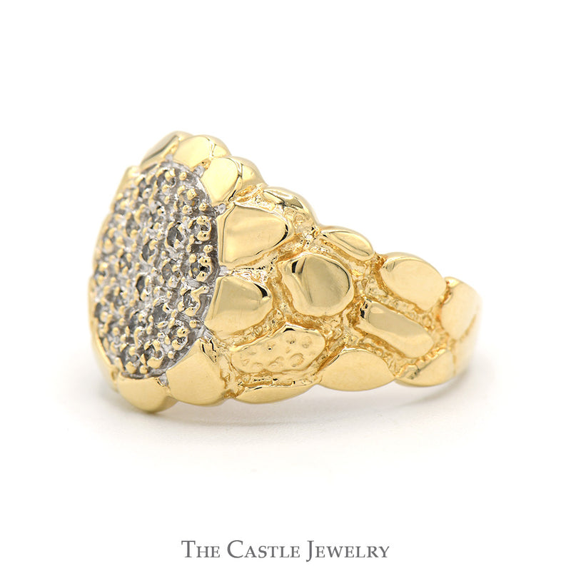 Oval Shaped Diamond Cluster Ring with Nugget Textured Sides in 10k Yellow Gold