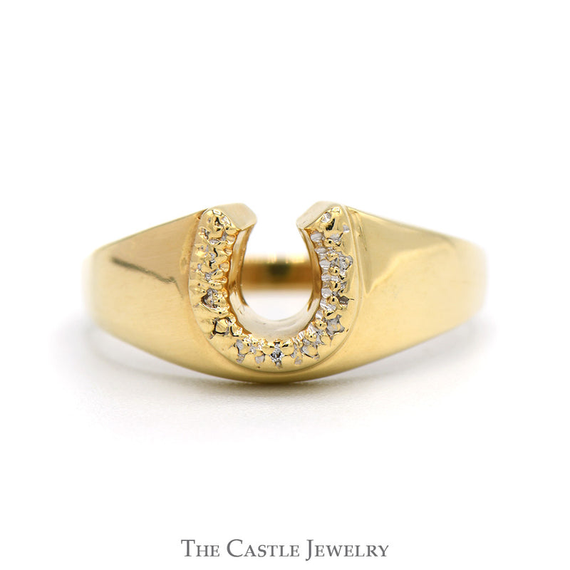 Horseshoe Ring with Illusion Diamonds & Polished Sides in 10k Yellow Gold