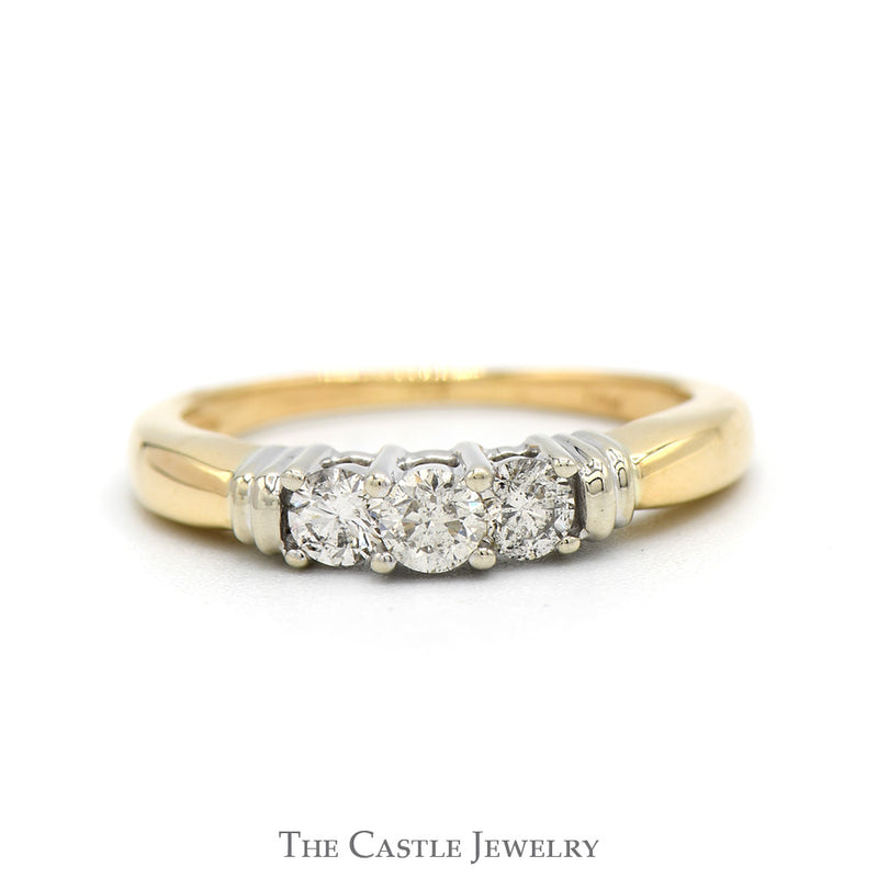 Three Stone Diamond Engagement Ring in 14k Yellow Gold with White Gold Bar Accents