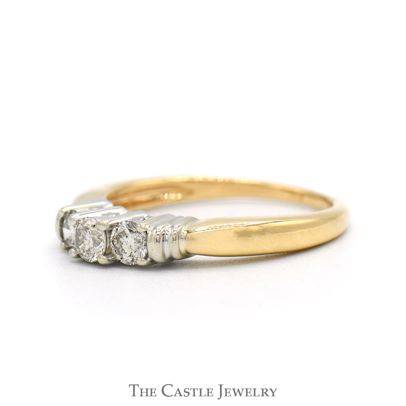 Three Stone Diamond Engagement Ring in 14k Yellow Gold with White Gold Bar Accents