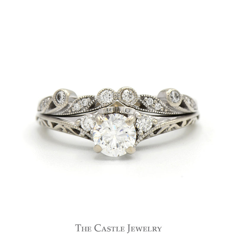 Shane & Co. Designer Round Diamond Bridal Set in Floral Mounting with Soldered Matching Band in 14k White Gold