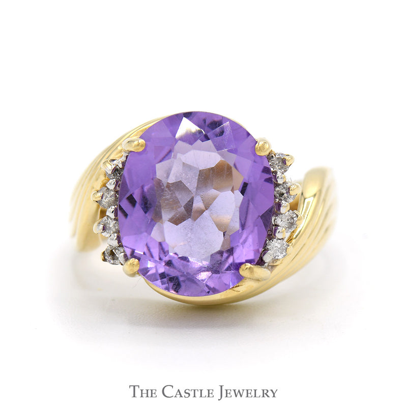 Oval Cut Amethyst Ring with Diamond Accented Ridged Sides in 10k Yellow Gold