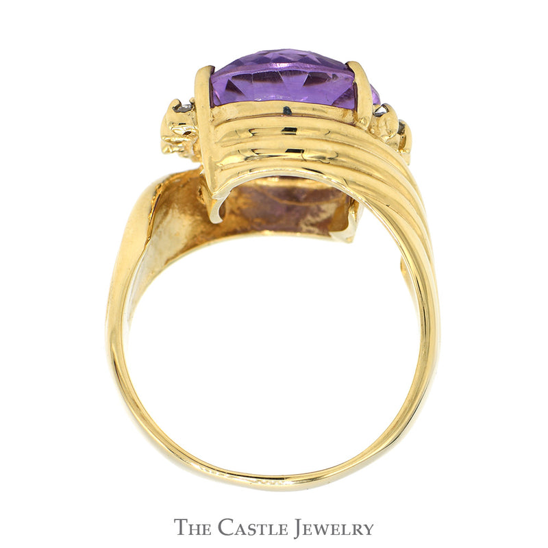 Oval Cut Amethyst Ring with Diamond Accented Ridged Sides in 10k Yellow Gold