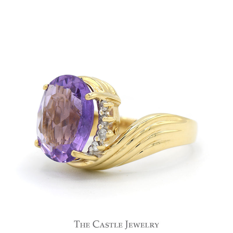 Oval Cut Amethyst Ring with Diamond Accented Ridged Sides in 10k Yellow Gold