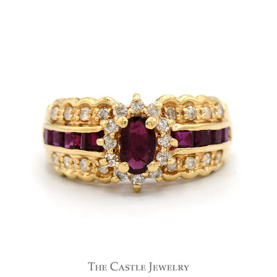 Oval Ruby Ring with Diamond Halo and Accented Sides in 14k Yellow Gold