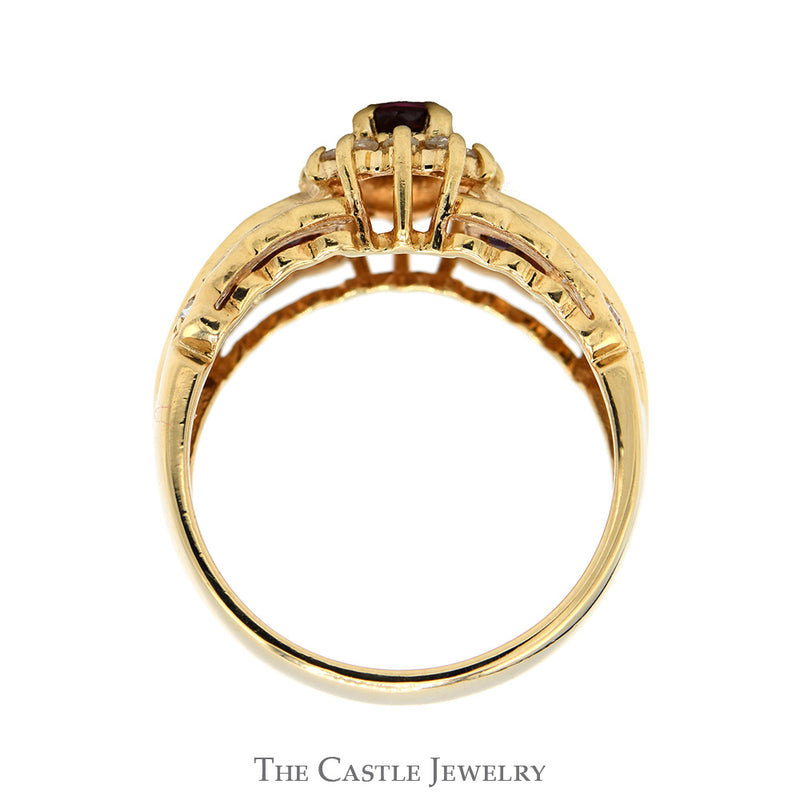Oval Ruby Ring with Diamond Halo and Accented Sides in 14k Yellow Gold