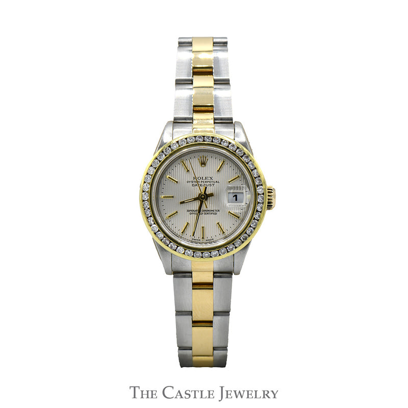 Ladies Rolex Datejust R79163 26mm Luxury Watch with Diamond Bezel and Silver Tapestry Dial in 14k Yellow Gold and Stainless Steel