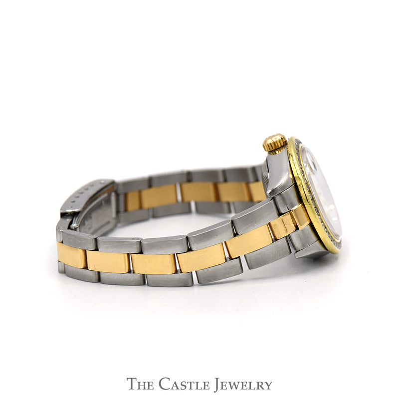 Ladies Rolex Datejust R79163 26mm Luxury Watch with Diamond Bezel and Silver Tapestry Dial in 14k Yellow Gold and Stainless Steel