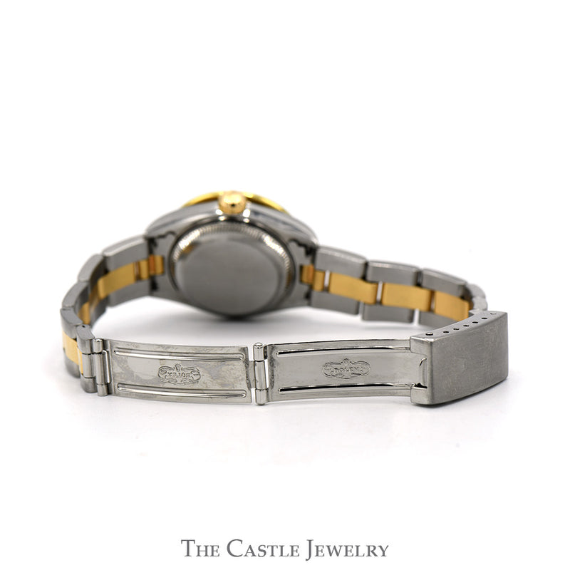 Ladies Rolex Datejust R79163 26mm Luxury Watch with Diamond Bezel and Silver Tapestry Dial in 14k Yellow Gold and Stainless Steel