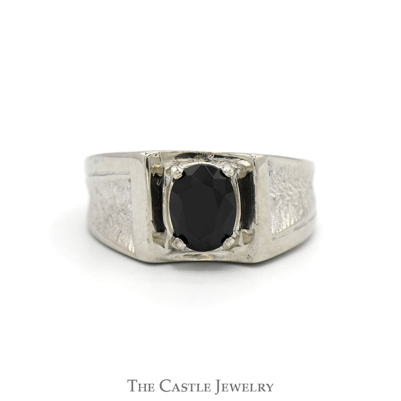 Oval Black Onyx Ring with Concaved Brush Textured Sides in 10k White Gold