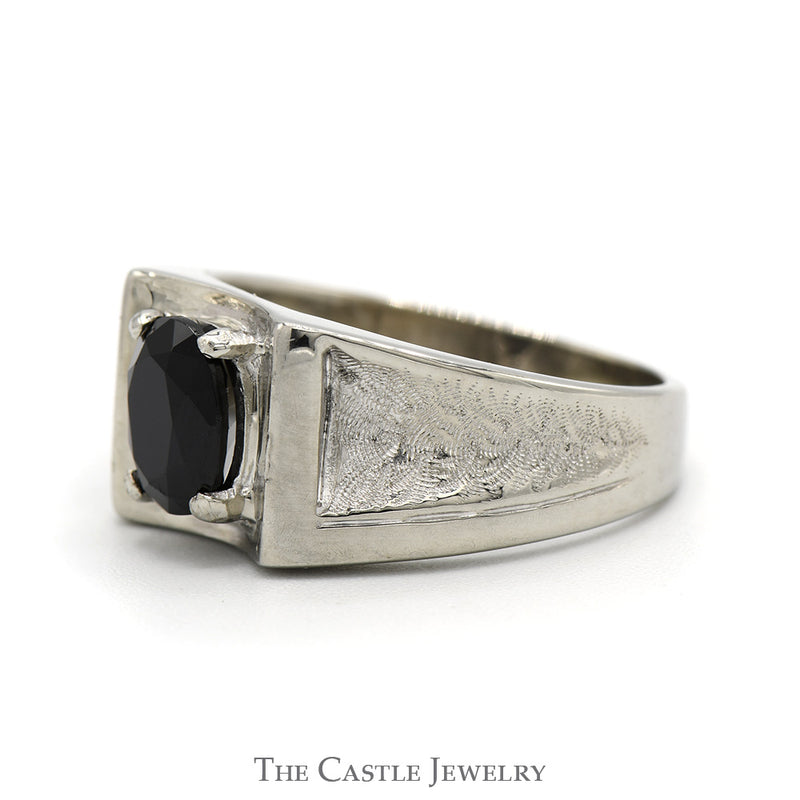 Oval Black Onyx Ring with Concaved Brush Textured Sides in 10k White Gold