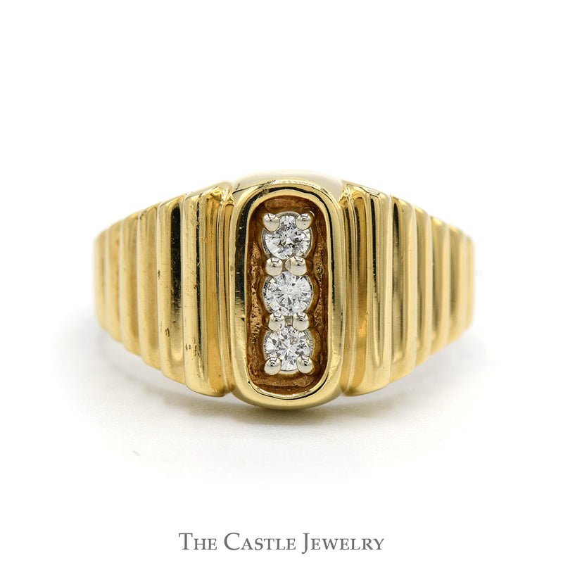 Vertically Triple Diamond Ring with Ridged Sides in 10k Yellow Gold