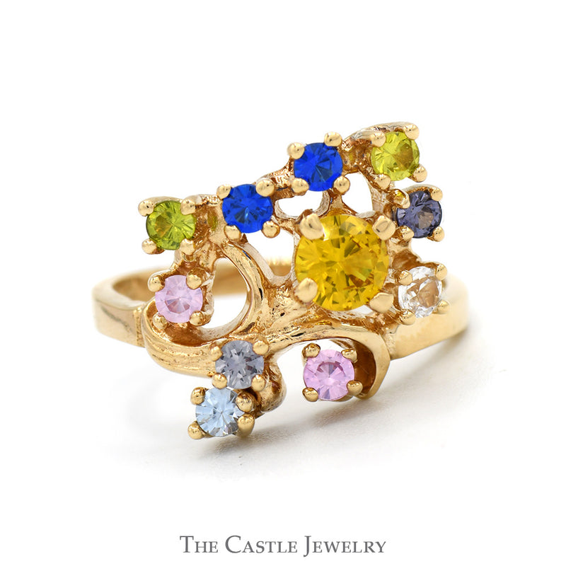 Open Freeform Multi Synthetic Gemstone Cluster Ring in 14k Yellow Gold