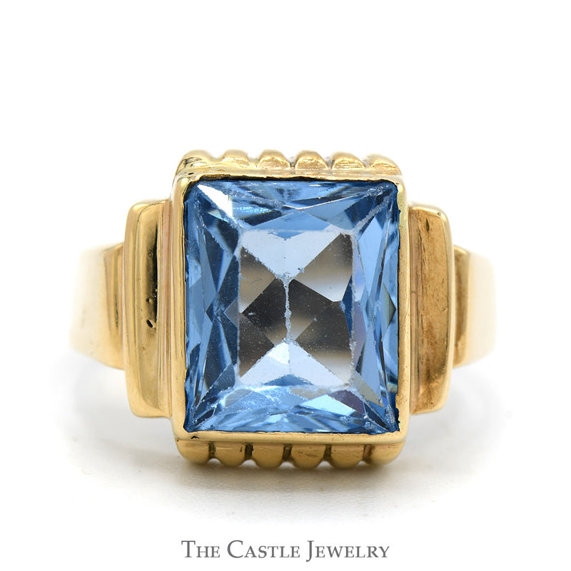 Rectangle Cut Blue Topaz Ring in 10k Yellow Gold Ornate Mounting