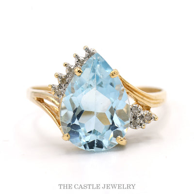 14K Yellow Gold Pear Blue Topaz Ring with Diamond Accents