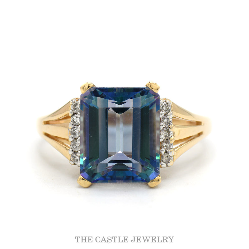 14K Yellow Gold Emerald Cut Mystic Topaz Ring with Diamond Accents