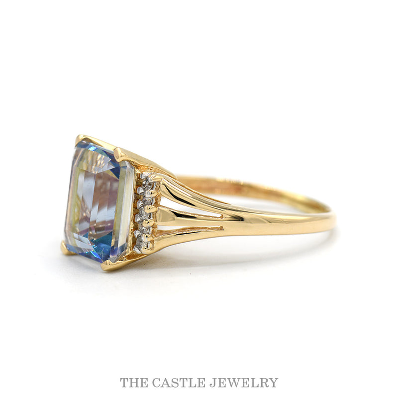 14K Yellow Gold Emerald Cut Mystic Topaz Ring with Diamond Accents
