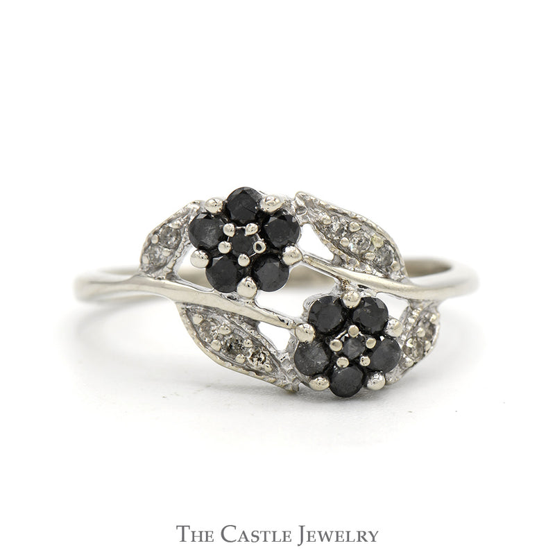 Double Black Diamond Flower Cluster Ring with White Diamond Accented Leaves in 10k White Gold