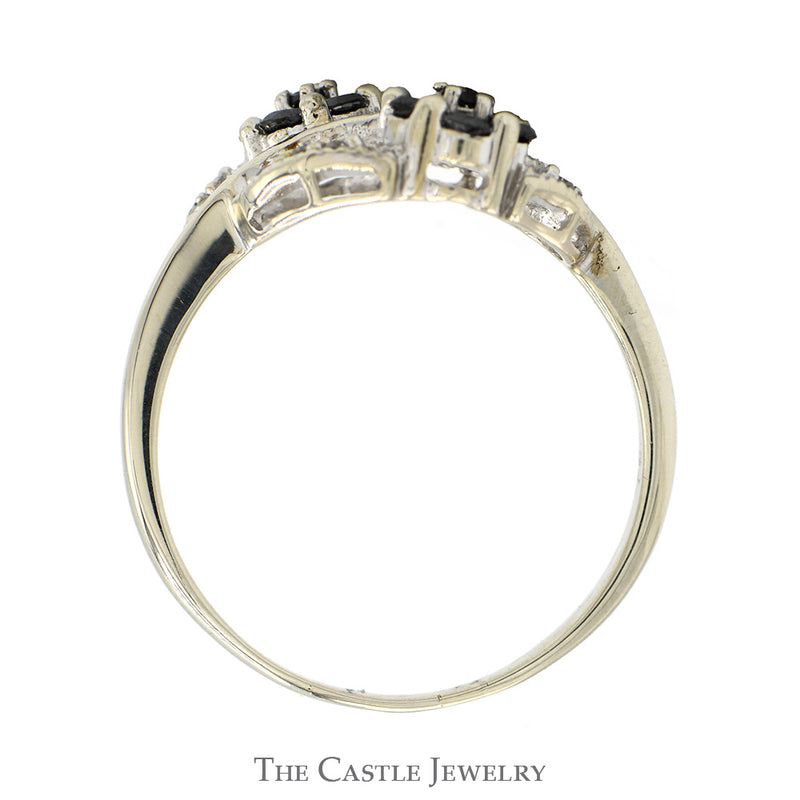 Double Black Diamond Flower Cluster Ring with White Diamond Accented Leaves in 10k White Gold