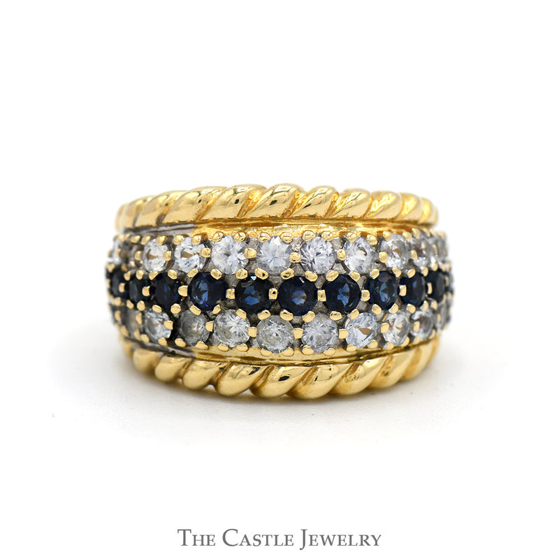 Sapphire & White Topaz Band with Rope Designed Edges in 14k Yellow Gold