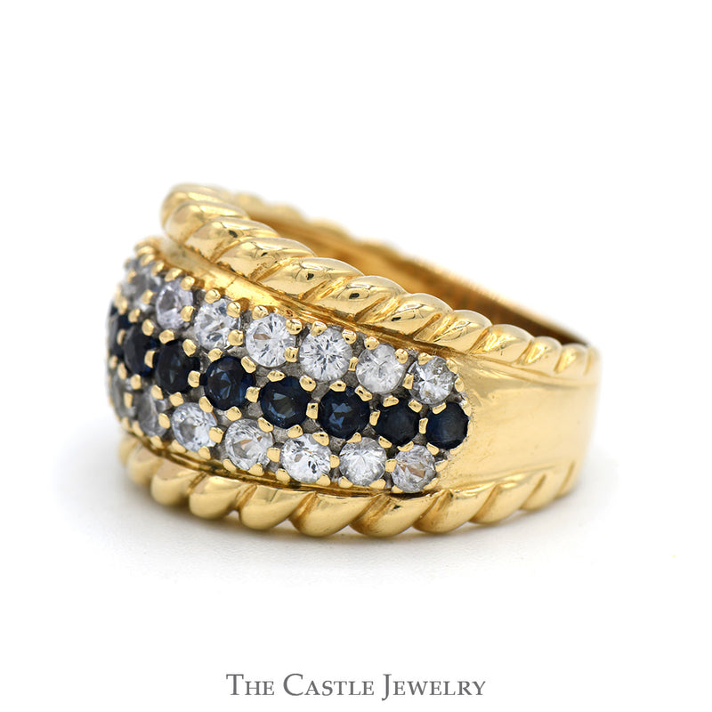 Sapphire & White Topaz Band with Rope Designed Edges in 14k Yellow Gold