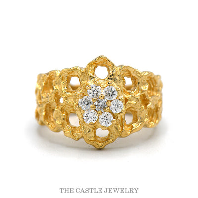 7 Round Cubic Zirconia Cluster Ring with Open Nugget Style Sides in 18k Yellow Gold