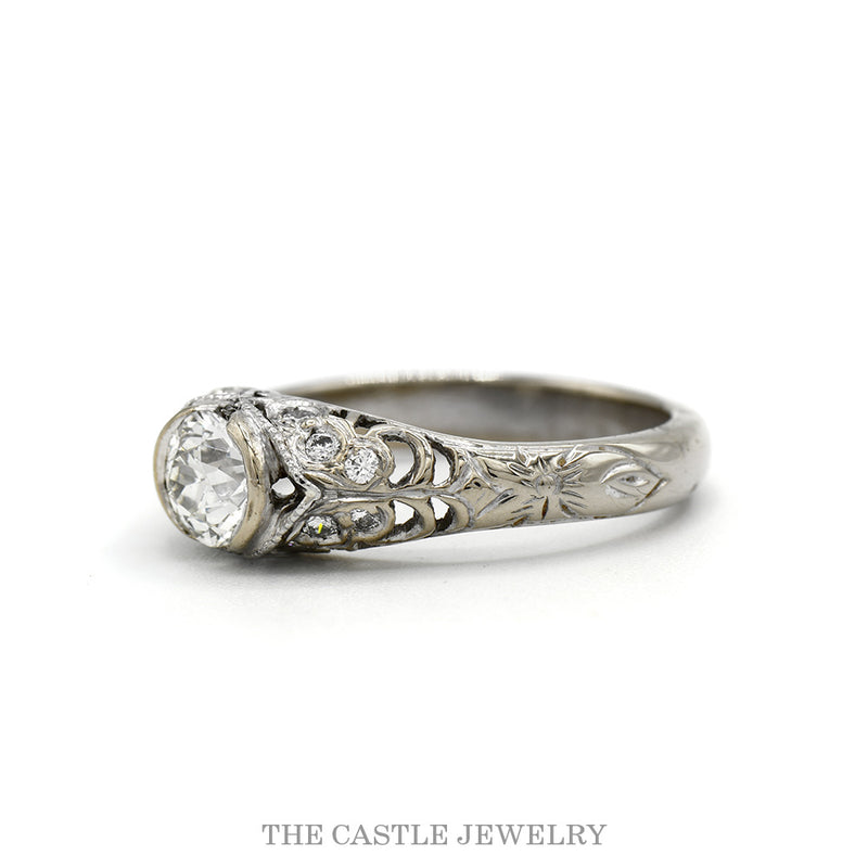 1cttw Antique Style Old Mine Cut Diamond Ring with Diamond Accented Open Sides in 18k White Gold