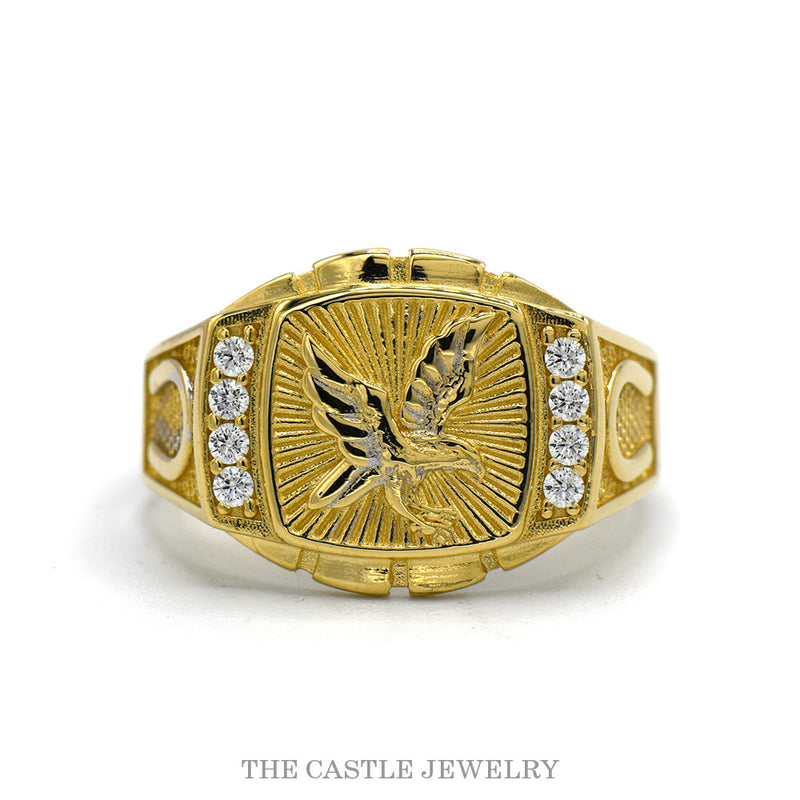 Men's Eagle Ring with Cubic Zirconia Accents & Horseshoe Sides in 14k Yellow Gold