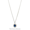 18 Inch Lab Grown Oval Sapphire Necklace with Lab Grown Diamond Halo in Sterling Silver