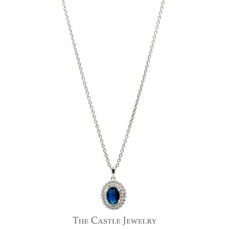 18 Inch Lab Grown Oval Sapphire Necklace with Lab Grown Diamond Halo in Sterling Silver