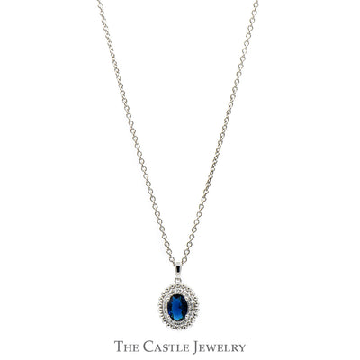 18 Inch Lab Grown Oval Sapphire Necklace with Lab Grown Diamond Halo in Sterling Silver