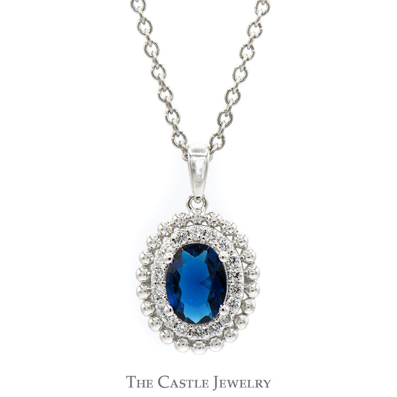 18 Inch Lab Grown Oval Sapphire Necklace with Lab Grown Diamond Halo in Sterling Silver