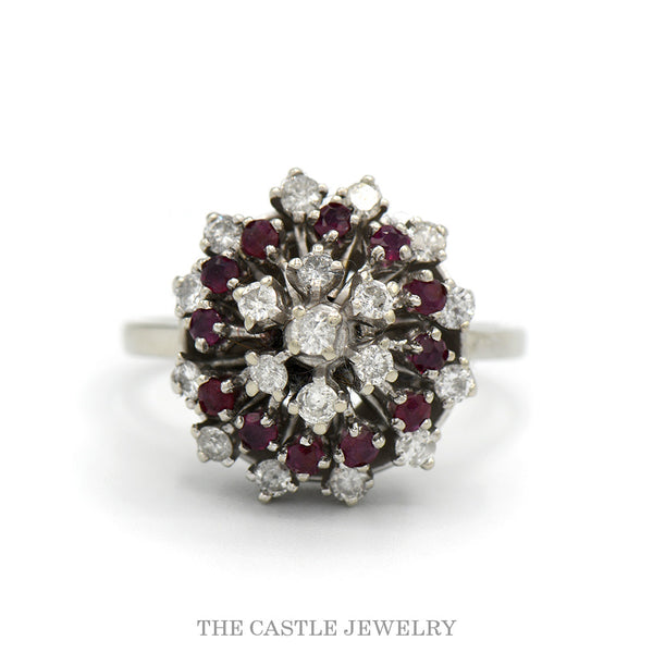 Domed starburst cluster ring with 12 rubies and 19 round diamonds, 1/2cttw, in 14k white gold — top view