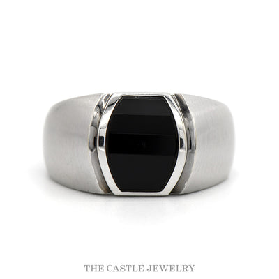 Faceted Black Onyx Men's Ring with Brush Textured Sides in 14k White Gold