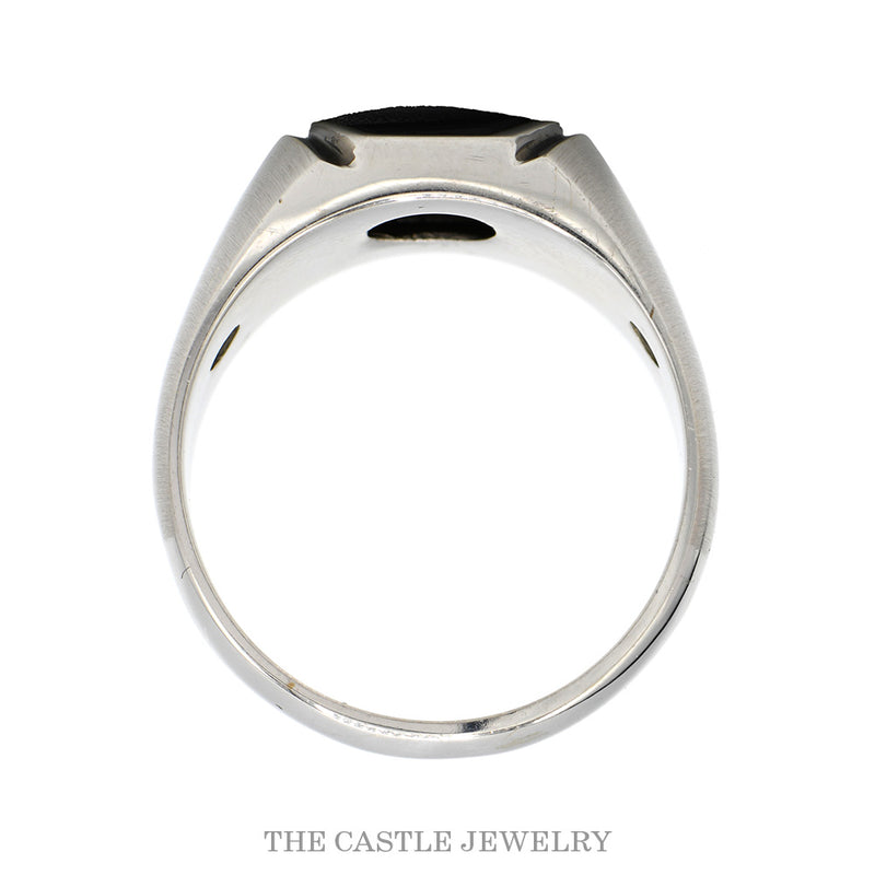 Faceted Black Onyx Men's Ring with Brush Textured Sides in 14k White Gold