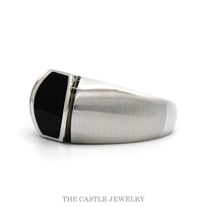 Faceted Black Onyx Men's Ring with Brush Textured Sides in 14k White Gold
