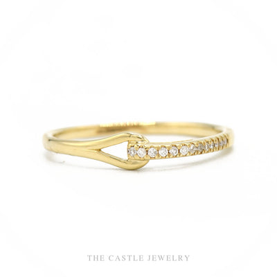 10k yellow gold delicate diamond ribbon band with looped keyhole detail — top view