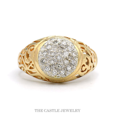 Round 19 Diamond Kentucky Cluster Ring with Open Filigree Sides in 14k Yellow Gold