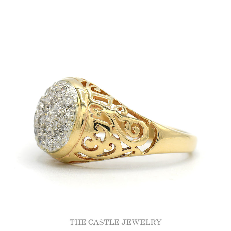 Round 19 Diamond Kentucky Cluster Ring with Open Filigree Sides in 14k Yellow Gold