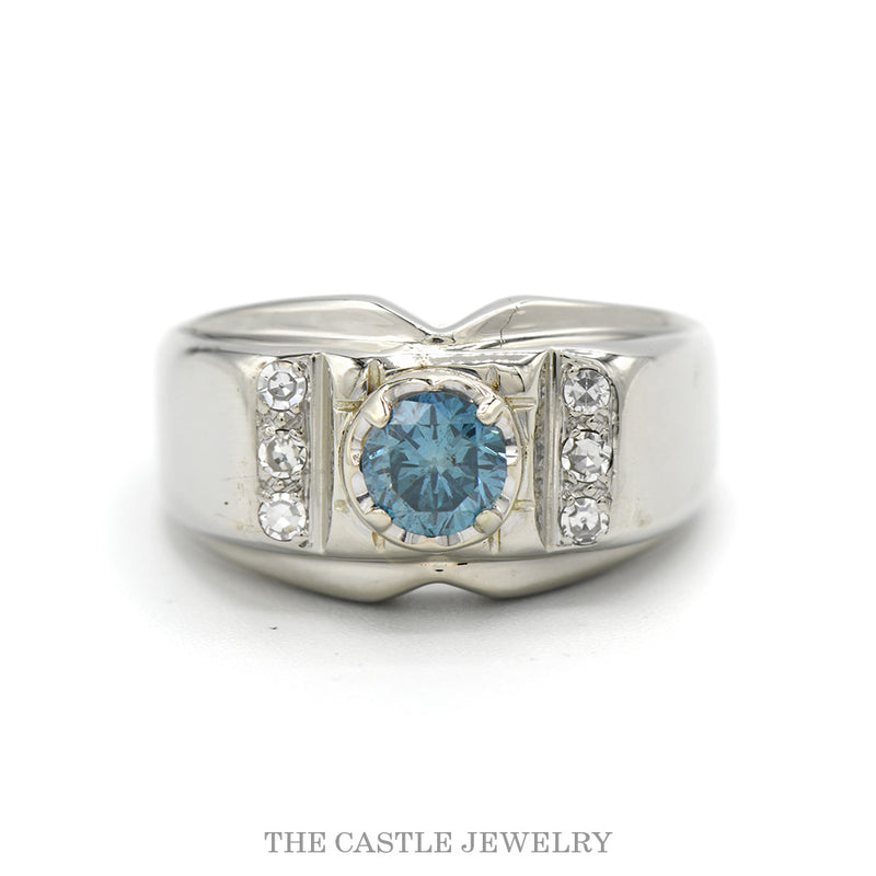 Men's 14K White Gold Blue Diamond Ring .60ct Center, Side Diamonds
