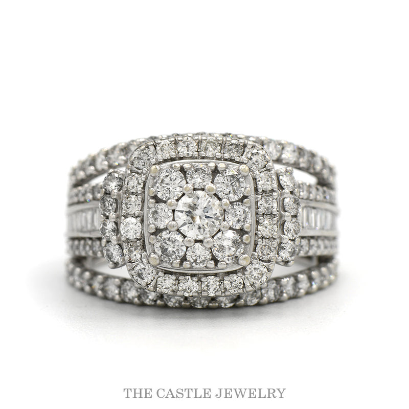 2cttw Round Diamond Cluster Bridal Ring with Diamond Halo and Heavily Accented Sides in 10k White Gold